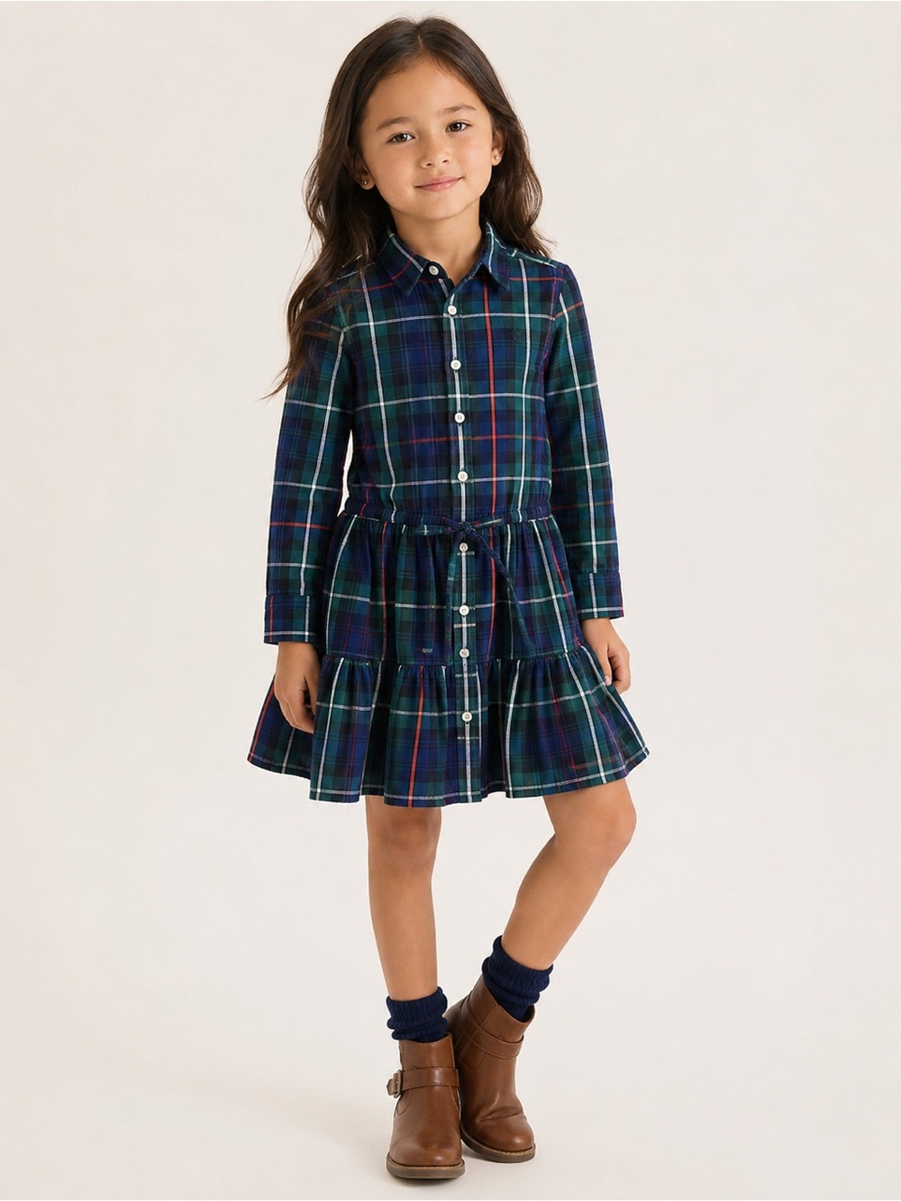 Polo Ralph Lauren Girls Size 6 Plaid Shirt Dress Long Sleeve Preppy Ruffle Hem
